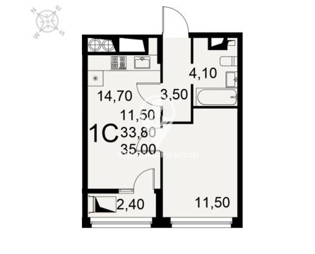 1-к квартира, 6/17 эт., 35м²